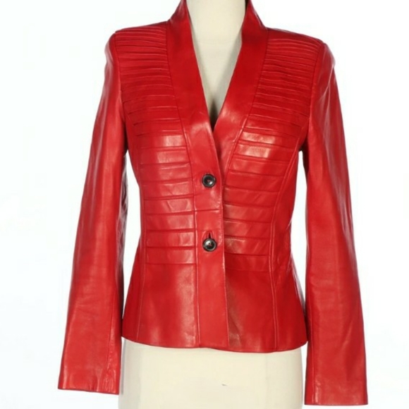 EUC ESCADA Red Leather Blazer Jacket, Size Small - Picture 2 of 7